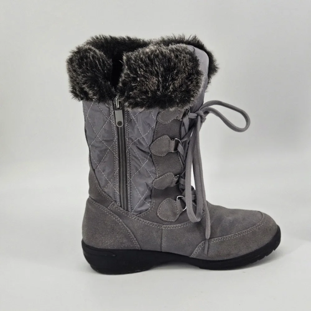 Lands' End Grey Suede Quilted Faux Fur Winter Snow Boots Comfort Shoes 6 VGUC